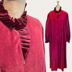 VINTAGE cranberry velvet robe long maxi high ruffle accordion pleat neckline 80s